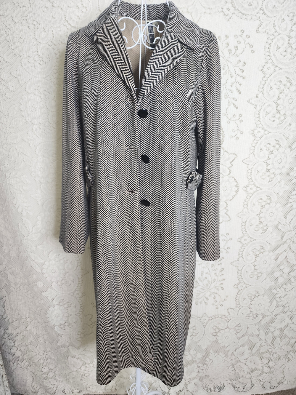 Julian Taylor Black and White Herringbone Long Trench Coat